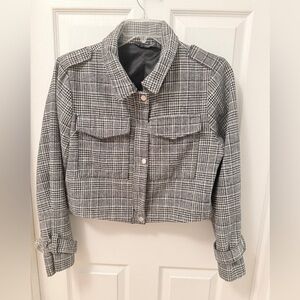 Stoosh Black and White Plaid Button Up Cropped Blazer Snap Sleeves Size XL AE